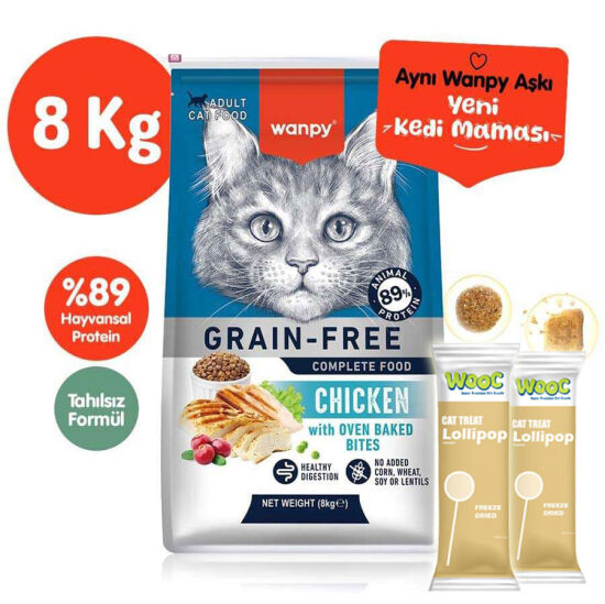 Wanpy with Oven Baked Bites Tahılsız Tavuklu Kedi Kuru Maması 8 Kg + 2 Adet Wooc Lolipop Ödül - 1