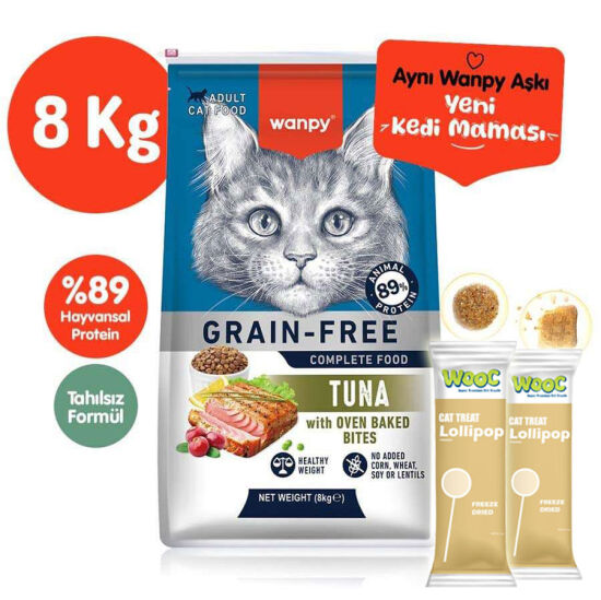 Wanpy with Oven Baked Bites Tahılsız Ton Balıklı Kedi Kuru Maması 8 Kg + 2 Adet Wooc Lolipop Ödül - 1