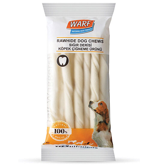 Warf Beyaz Burgu Çubuk Sığır Derisi Köpek Ödülü (12 Cm - 20 li Paket) - 1