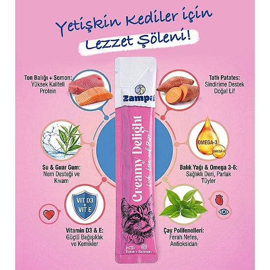 Zampa Creamy Delight Somonlu ve Tuna Balıklı Kedi Krema Ödül Maması 16 Gr x 5 Adet - 4