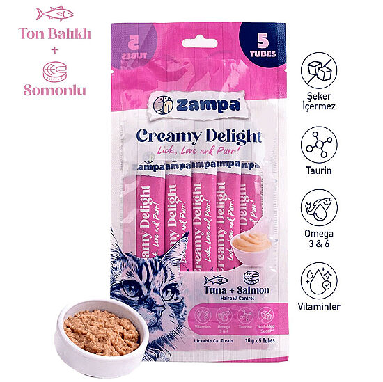 Zampa Creamy Delight Somonlu ve Tuna Balıklı Kedi Krema Ödül Maması 16 Gr x 5 Adet - 1