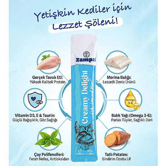 Zampa Creamy Delight Tavuklu ve Morina Balıklı Kedi Krema Ödül Maması 16 Gr x 5 Adet - 2