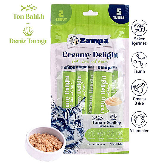 Zampa Creamy Delight Ton Balıklı ve Deniz Taraklı Kedi Krema Ödül Maması 16 Gr x 5 Adet - 1